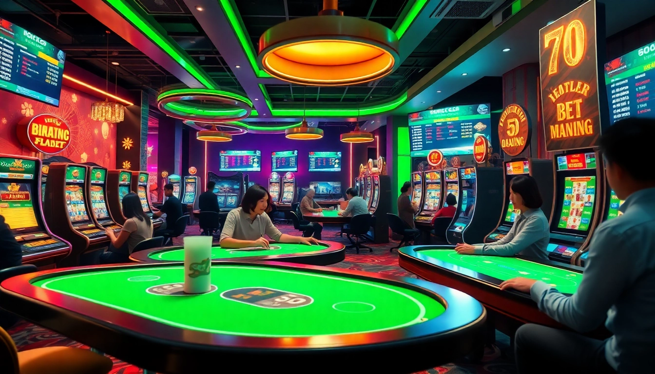 Bolagacor online gambling scene with lively players, modern gaming tables, and dynamic slot machines.