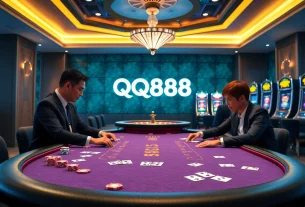 Experience high-stakes gaming at QQ888's luxurious poker table with chips and cards.