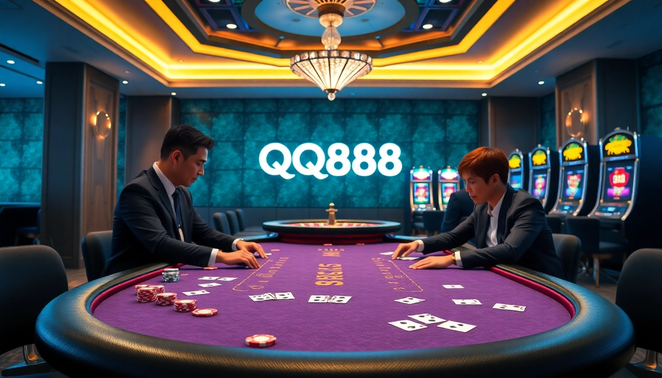 Experience high-stakes gaming at QQ888's luxurious poker table with chips and cards.