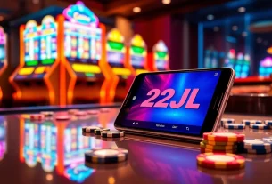 Enjoy thrilling gameplay with the 22JL app on a chic casino table, surrounded by vibrant gaming elements.