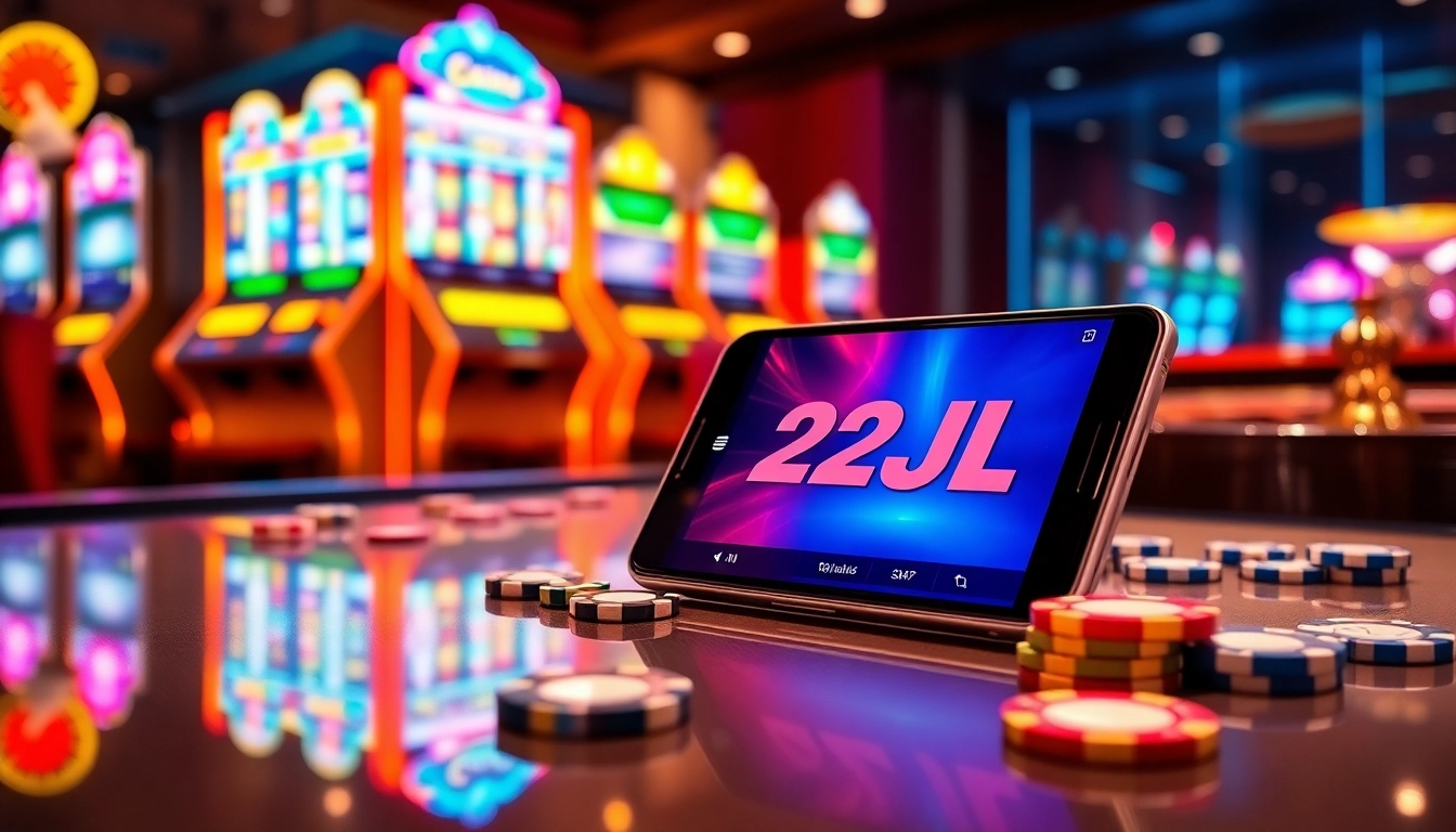 Enjoy thrilling gameplay with the 22JL app on a chic casino table, surrounded by vibrant gaming elements.