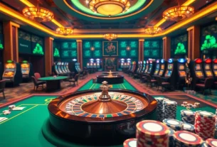 Engage with link 789bet at a luxurious casino featuring vibrant gaming tables and roulette wheels.