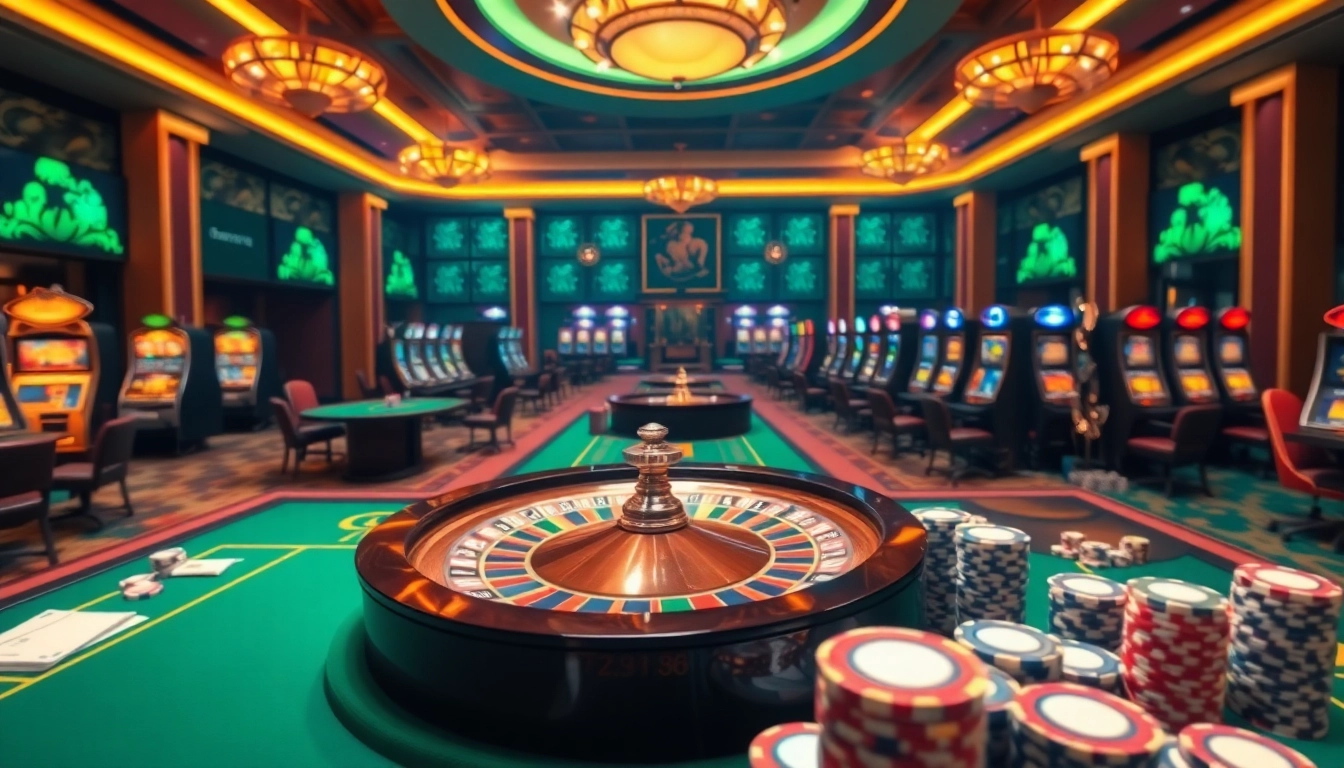 Engage with link 789bet at a luxurious casino featuring vibrant gaming tables and roulette wheels.