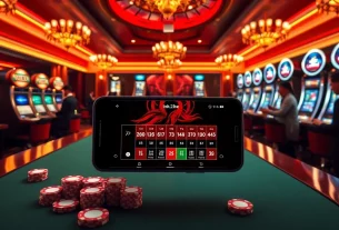 Exciting scene of gamblers engaging with ink vao 12bet on mobile, featuring casino tables and vibrant atmosphere.
