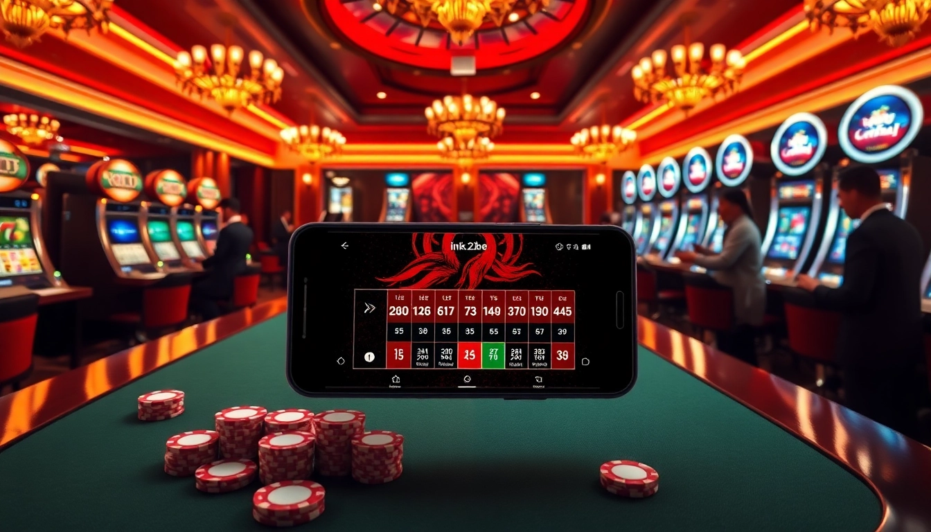 Exciting scene of gamblers engaging with ink vao 12bet on mobile, featuring casino tables and vibrant atmosphere.