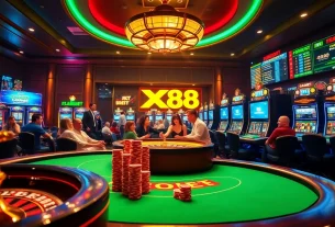 Engage in thrilling games at Xx 88 with vibrant lights and luxurious casino tables.