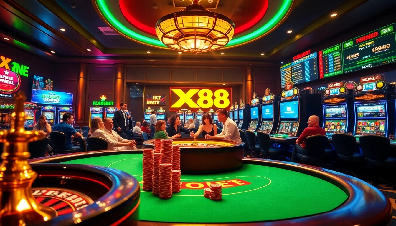 Engage in thrilling games at Xx 88 with vibrant lights and luxurious casino tables.