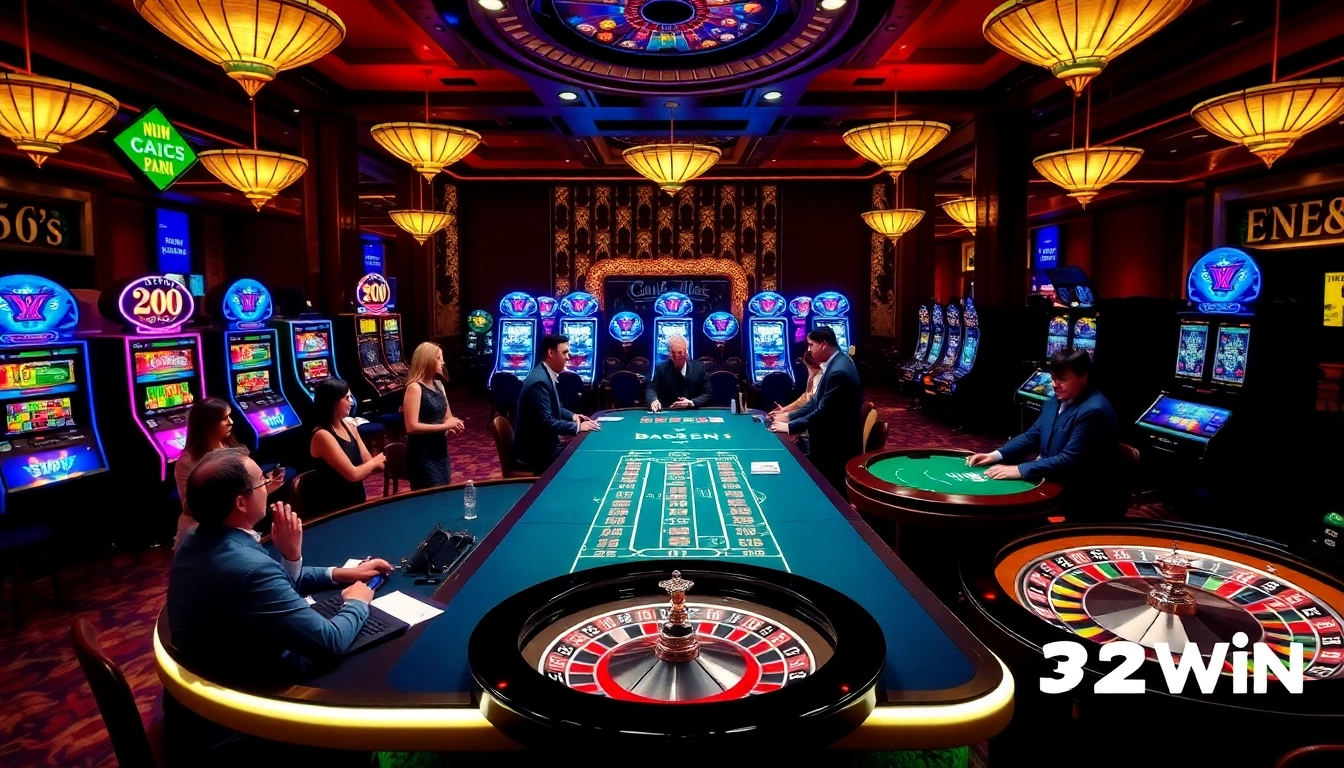 Players enjoying thrilling casino games at Nhà Cái 32WIN with excitement and luxury.