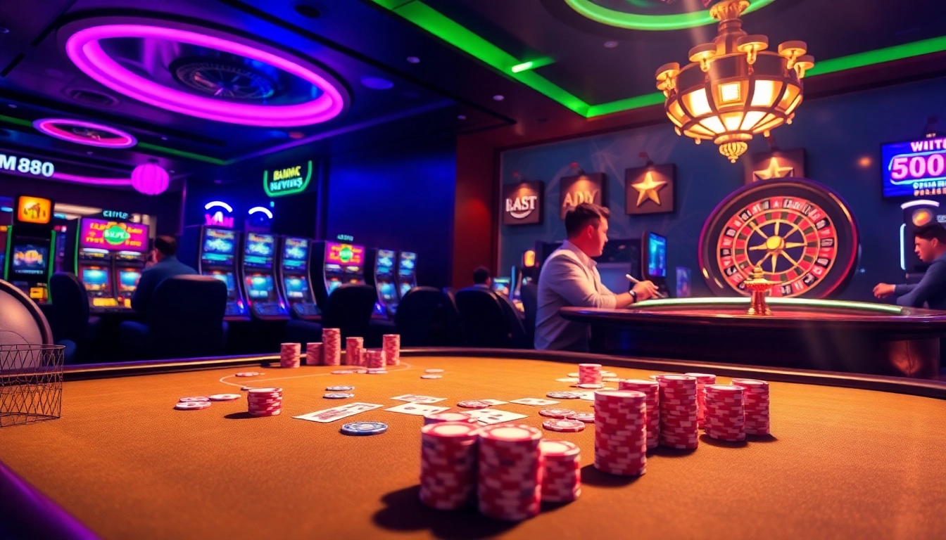 Experience excitement at MM88 HOW with vibrant casino games, chips, and players immersed in thrilling action.