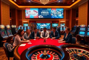 Link vào vmax showcases an exciting casino experience with poker tables and slot machines.