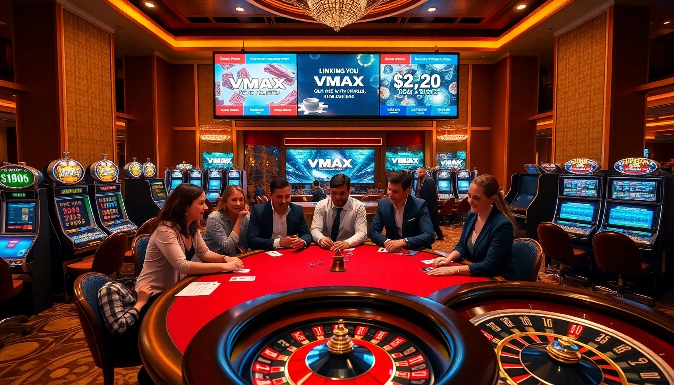 Link vào vmax showcases an exciting casino experience with poker tables and slot machines.