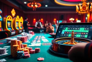 Adegan permainan Dewanaga89 yang menampilkan meja kasino yang berwarna-warni, kartu, dan mesin slot.