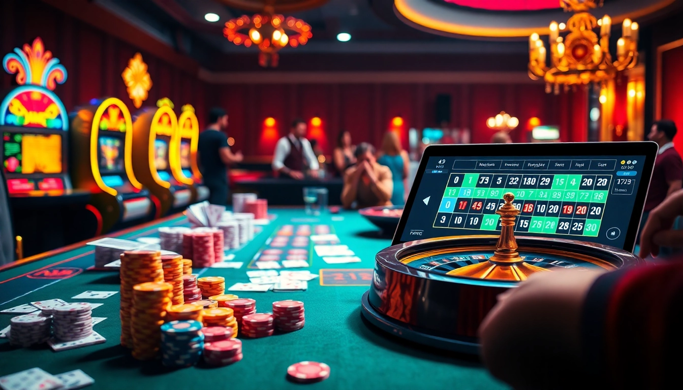 Adegan permainan Dewanaga89 yang menampilkan meja kasino yang berwarna-warni, kartu, dan mesin slot.