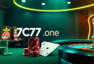Engage in thrilling casino games with 7C77 one amidst vibrant poker chips and roulette wheels.