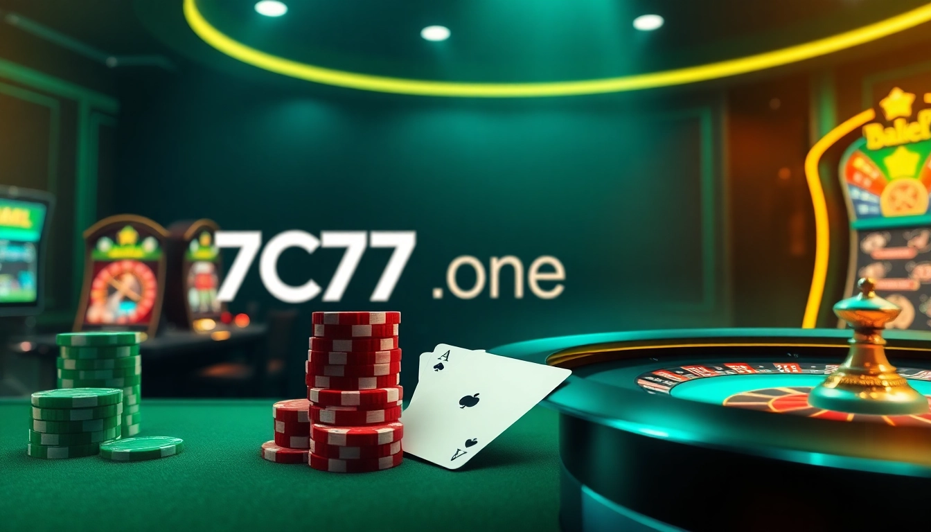 Engage in thrilling casino games with 7C77 one amidst vibrant poker chips and roulette wheels.