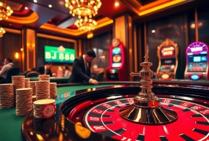 Experience thrilling gameplay at BJ 888 with an elegant casino atmosphere showcasing roulette and poker.