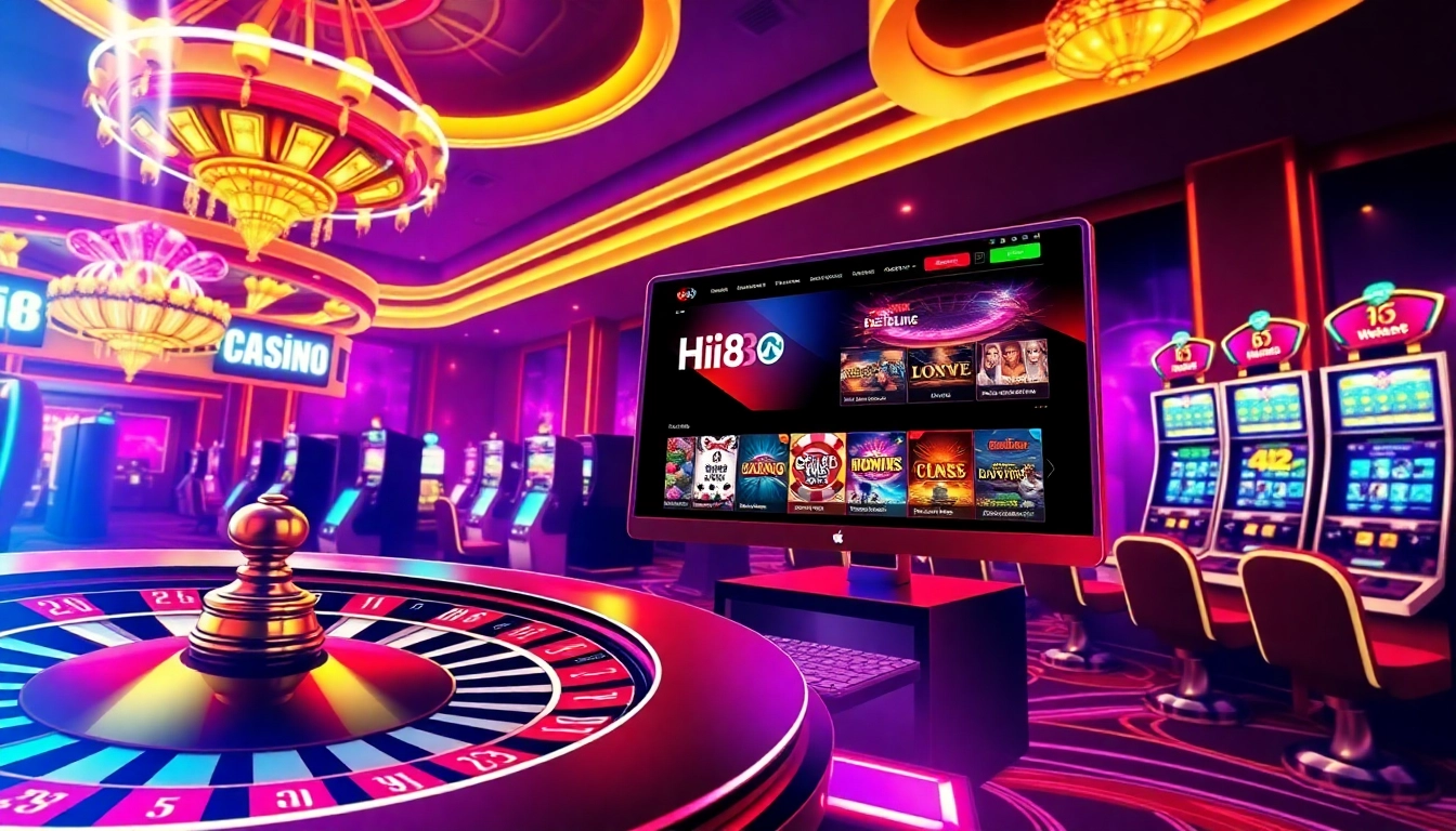 Hi88 immersive online casino scene with vibrant roulette wheel and poker chips.