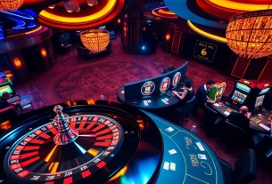Players experiencing excitement and luxury at 888new casino tables with roulette and slot machines.