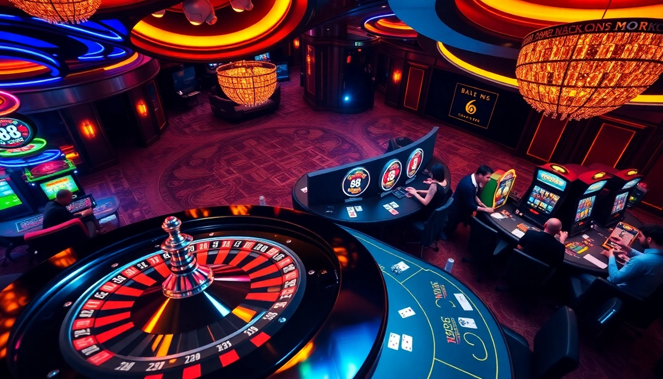 Players experiencing excitement and luxury at 888new casino tables with roulette and slot machines.