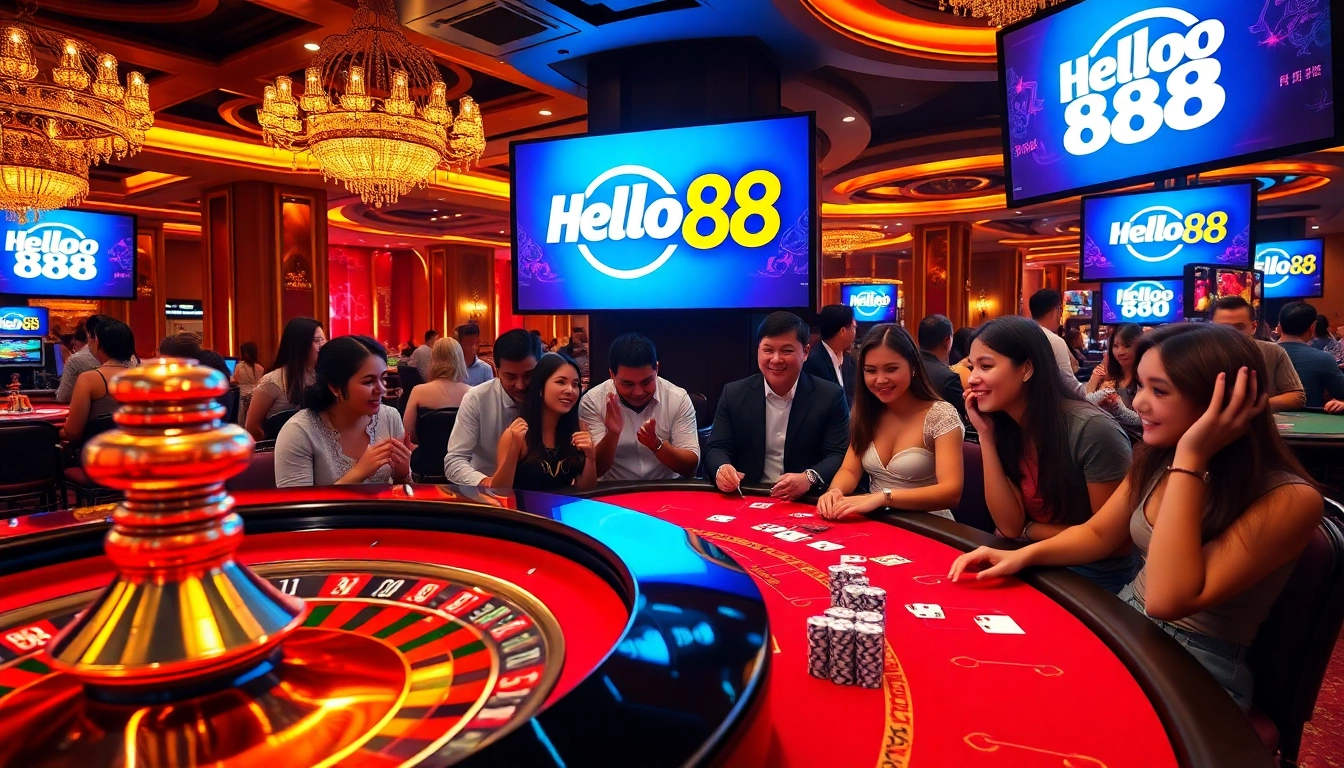Hello88 casino scene featuring excited players at a roulette table with elegant design.