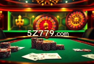 Gamblers engaging at a professional poker table on 5Z7779 com, showcasing luxury gaming elements.