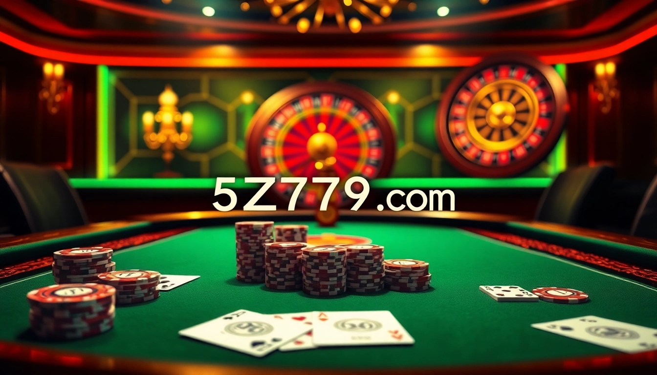 Gamblers engaging at a professional poker table on 5Z7779 com, showcasing luxury gaming elements.
