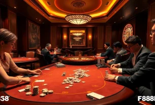 Engaging casino scene showcasing players at a poker table with F88BET branding elements.