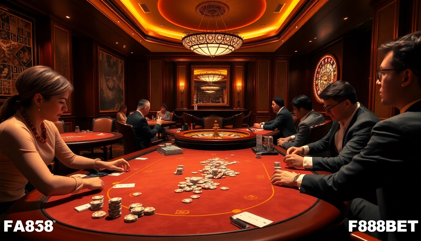 Engaging casino scene showcasing players at a poker table with F88BET branding elements.