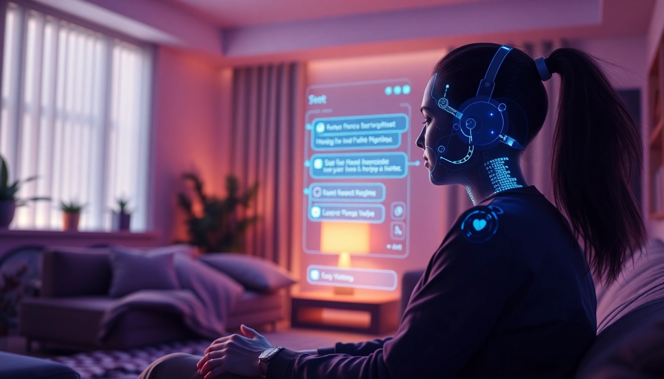 Engaging scene of a user interacting with a friendly AI chatbot for sex ai chat in a cozy room.