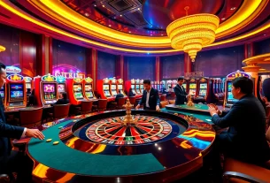The exciting gaming atmosphere at TẬP ĐOÀN KJC, featuring a roulette table, poker games, and slot machines.