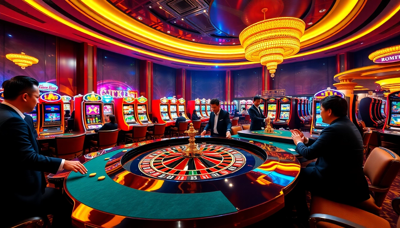 The exciting gaming atmosphere at TẬP ĐOÀN KJC, featuring a roulette table, poker games, and slot machines.