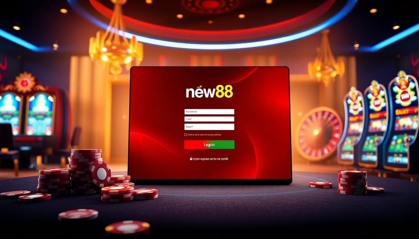 Environment showcasing the new88 đăng nhập login interface amidst luxurious roulette and poker elements.