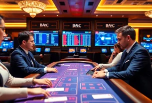 에볼루션 바카라에서 거래가 이루어지는 화려한 카지노 환경을 보여줍니다.