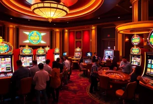 Players enjoying the slot apiraja88 machines in a luxurious casino setting.