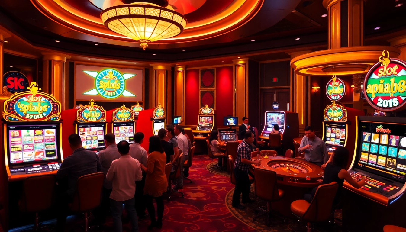 Players enjoying the slot apiraja88 machines in a luxurious casino setting.