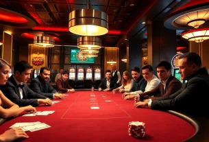 Players at a poker table enjoying high-stakes action and betting on mk8th.net, surrounded by a vibrant casino atmosphere.