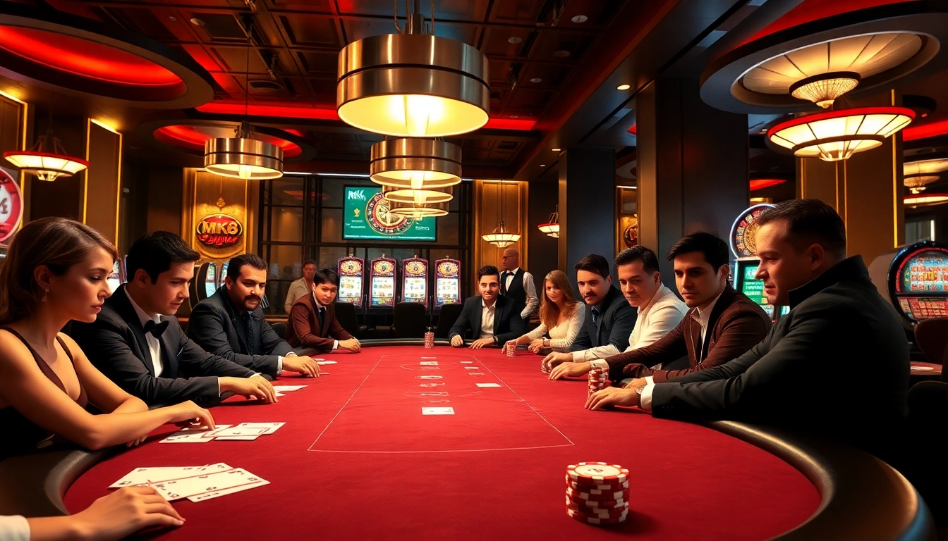 Players at a poker table enjoying high-stakes action and betting on mk8th.net, surrounded by a vibrant casino atmosphere.