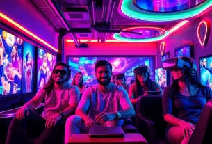 Diverse players enjoying interactive porn games in a vibrant gaming lounge.