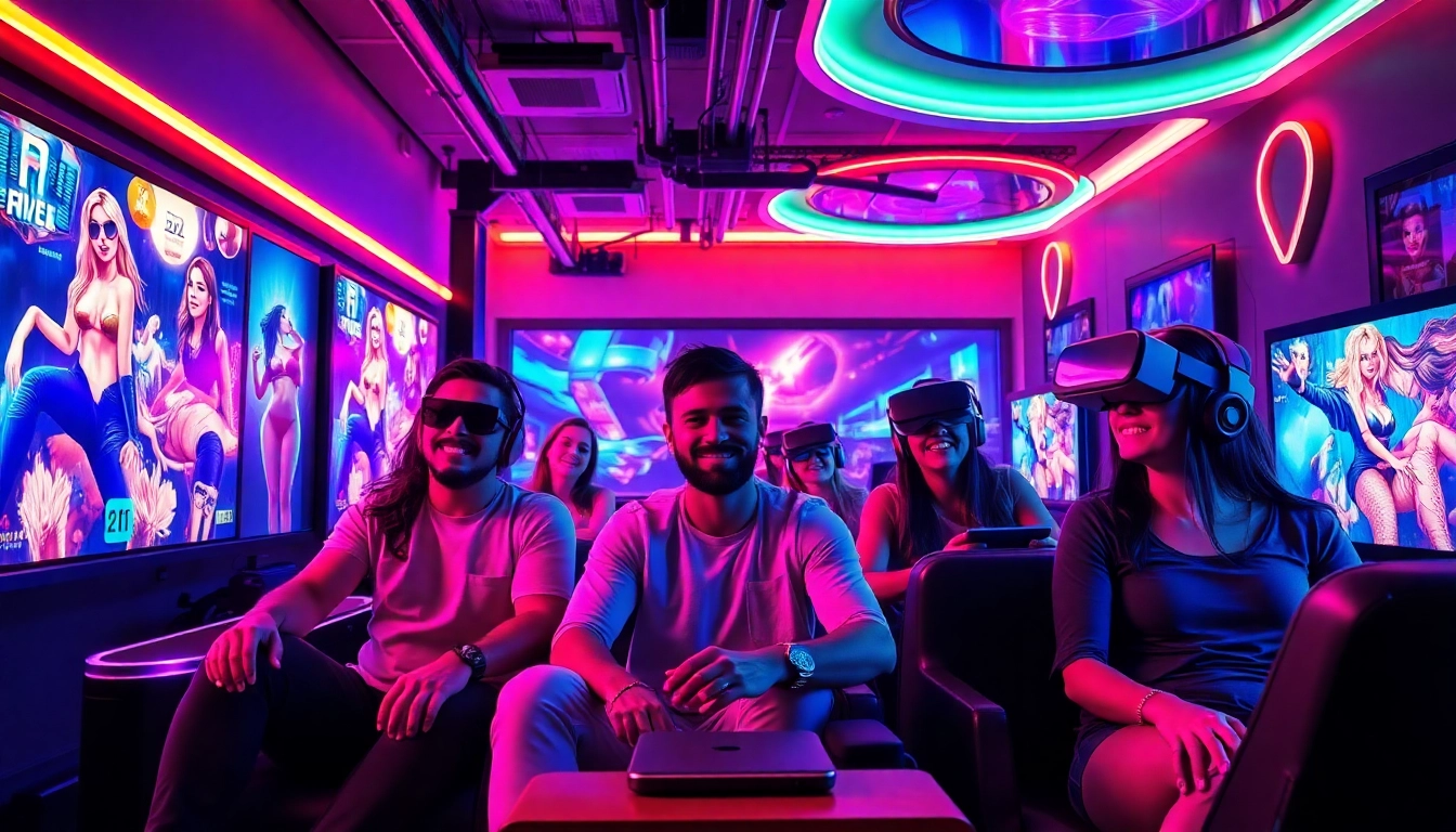Diverse players enjoying interactive porn games in a vibrant gaming lounge.