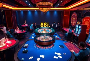 Players enjoying a thrilling game at 88i casino with roulette wheel and vibrant decorations.