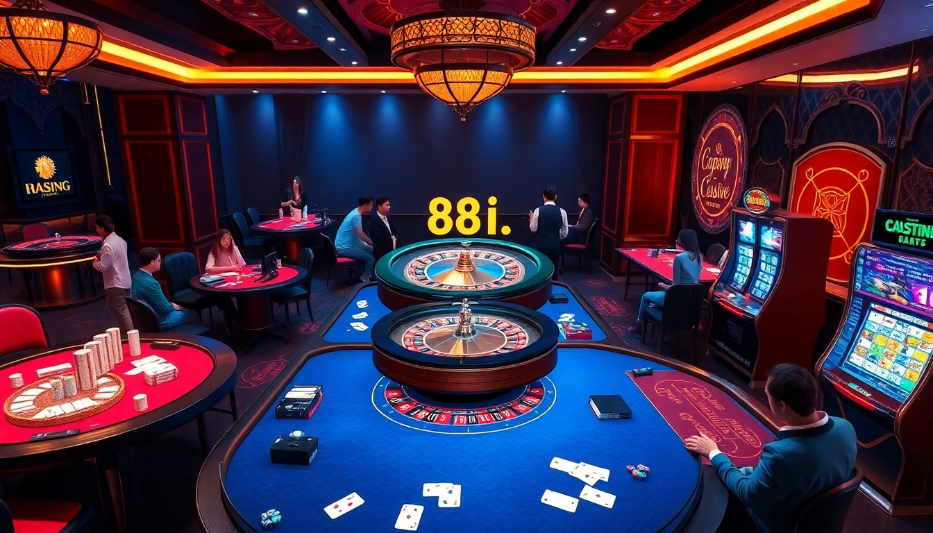 Players enjoying a thrilling game at 88i casino with roulette wheel and vibrant decorations.