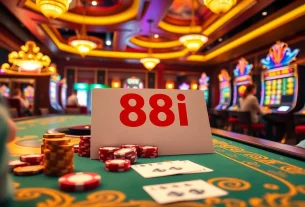 Engaged gamblers enjoying a vibrant 88i casino gaming experience with poker chips and slot machines.