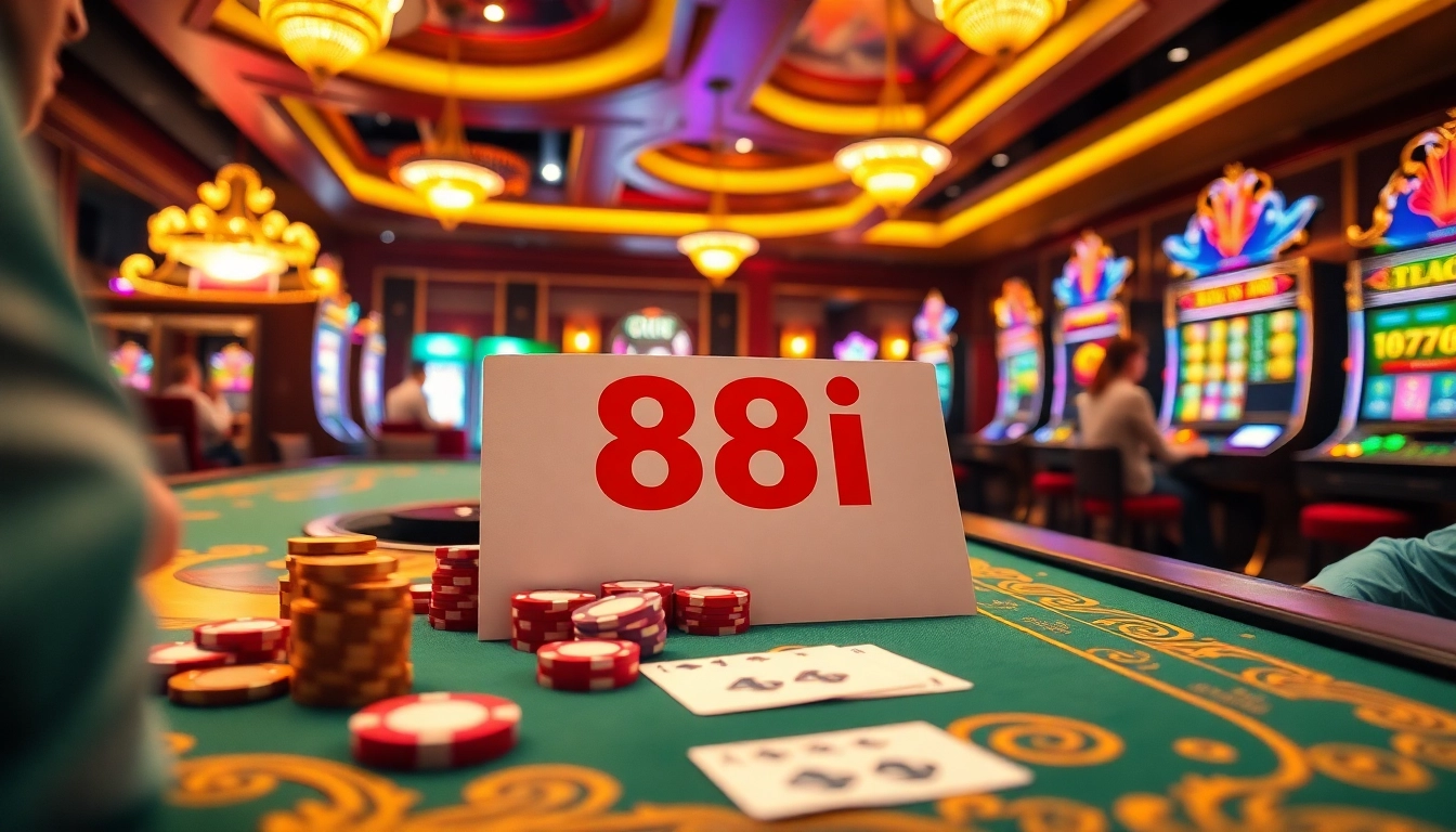 Engaged gamblers enjoying a vibrant 88i casino gaming experience with poker chips and slot machines.