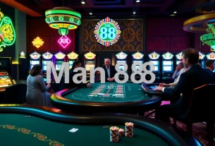 Players experiencing thrilling games at Man 88 casino, with vibrant tables and slot machines.