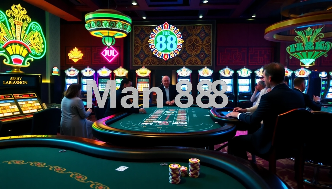 Players experiencing thrilling games at Man 88 casino, with vibrant tables and slot machines.