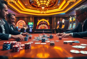 שחקנים משתתפים במשחק פוקר מרגש בקזינו יוקרתי המלא באלמנטים של 7xl.