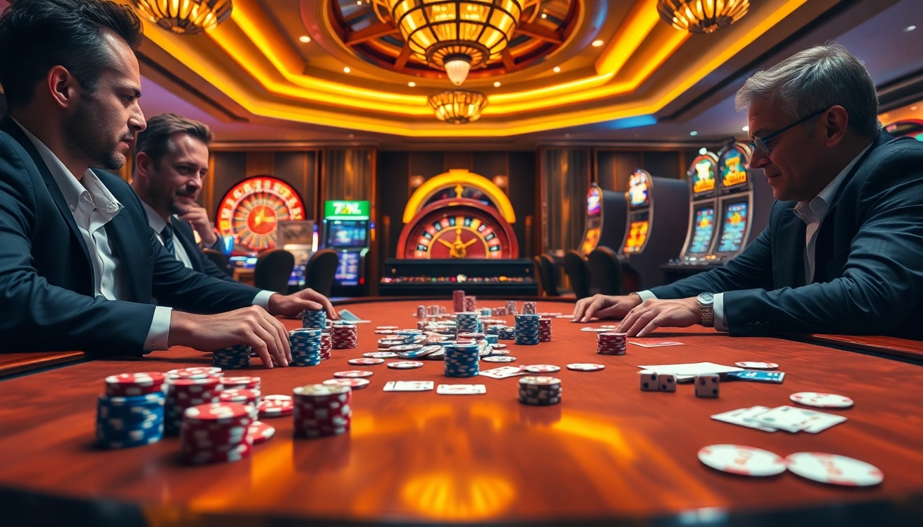 שחקנים משתתפים במשחק פוקר מרגש בקזינו יוקרתי המלא באלמנטים של 7xl.