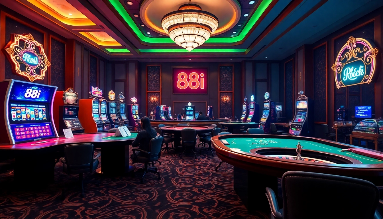 Players enjoying high-stakes games at 88i's luxurious casino table, surrounded by thrilling gambling action.