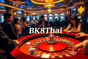Players enjoying a thrilling roulette game at the BK8Thai casino, with vibrant lights and excitement.