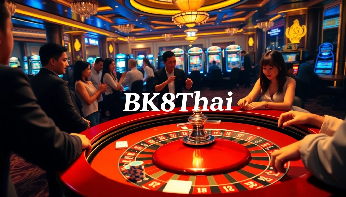 Players enjoying a thrilling roulette game at the BK8Thai casino, with vibrant lights and excitement.